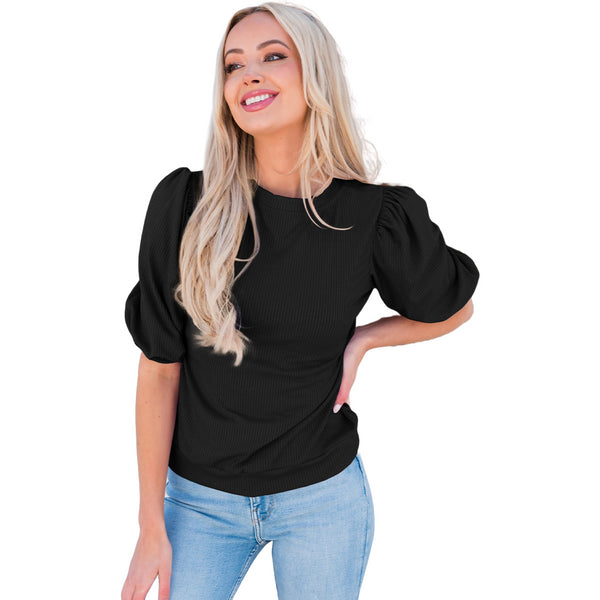 Women's Trendy Puff-Sleeve Top - Soft & Breathable Slim Fit-Black